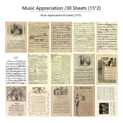 30 piece retro scrapbook paper set with botanical, flower, letter, recovery, starry night, and music prints