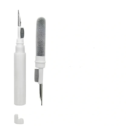White dual-end earphone cleaning pen, 13 cm long with bristle brush and metal tip for dust and wax removal