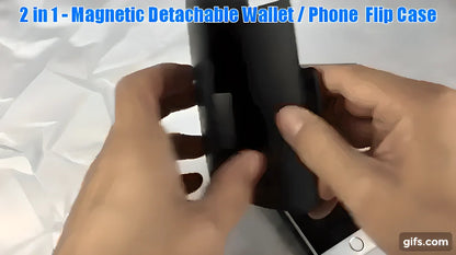 2-in-1 classic magnetic phone flip case and wallet in black, made of premium PU leather with built-in card slots and hidden pocket