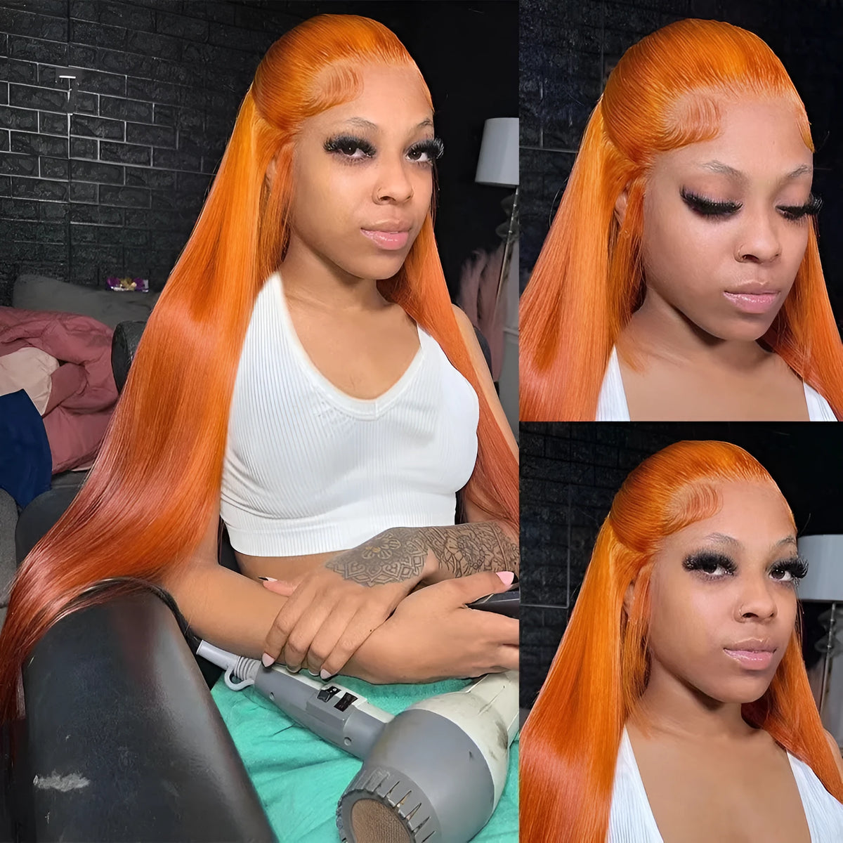 Orange straight synthetic front lace wig with side bangs shown at various lengths