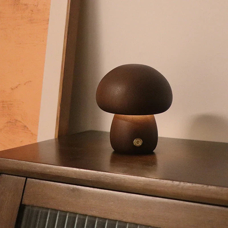 Charming wooden mushroom-shaped LED night light with touch control for bedroom, nursery, or living room decor