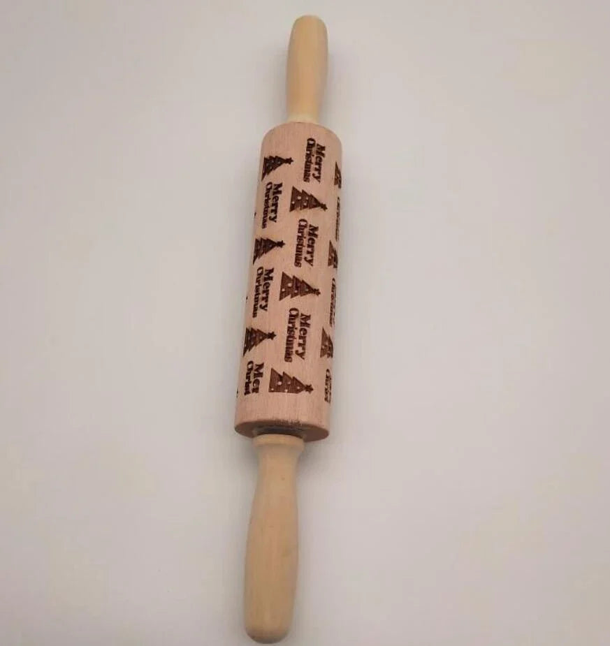 Festive rolling pin with embossed Christmas designs for easy imprinting on dough