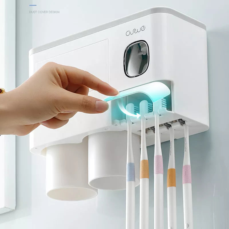 Non-marking hanging magnetic toothbrush holder with toothpaste squeezer and quick-drying cups
