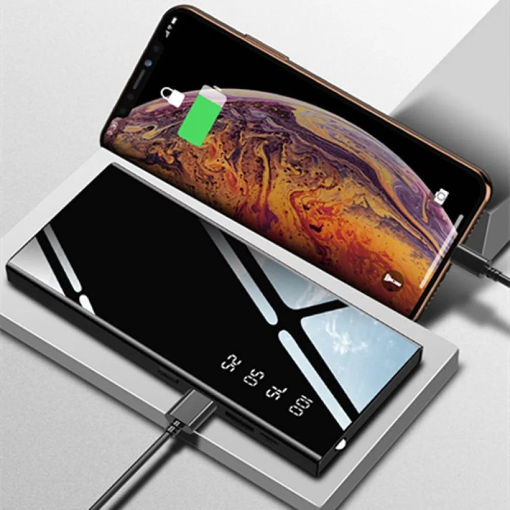20000mAh power bank with LCD display showing battery percentage, measuring 140mm x 63mm x 22mm