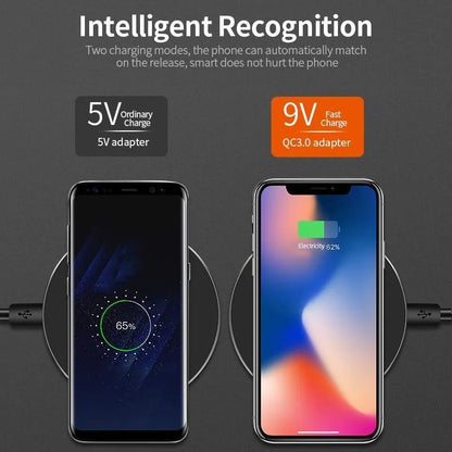 Black ultra-thin square wireless fast charging pad for phones on a desk
