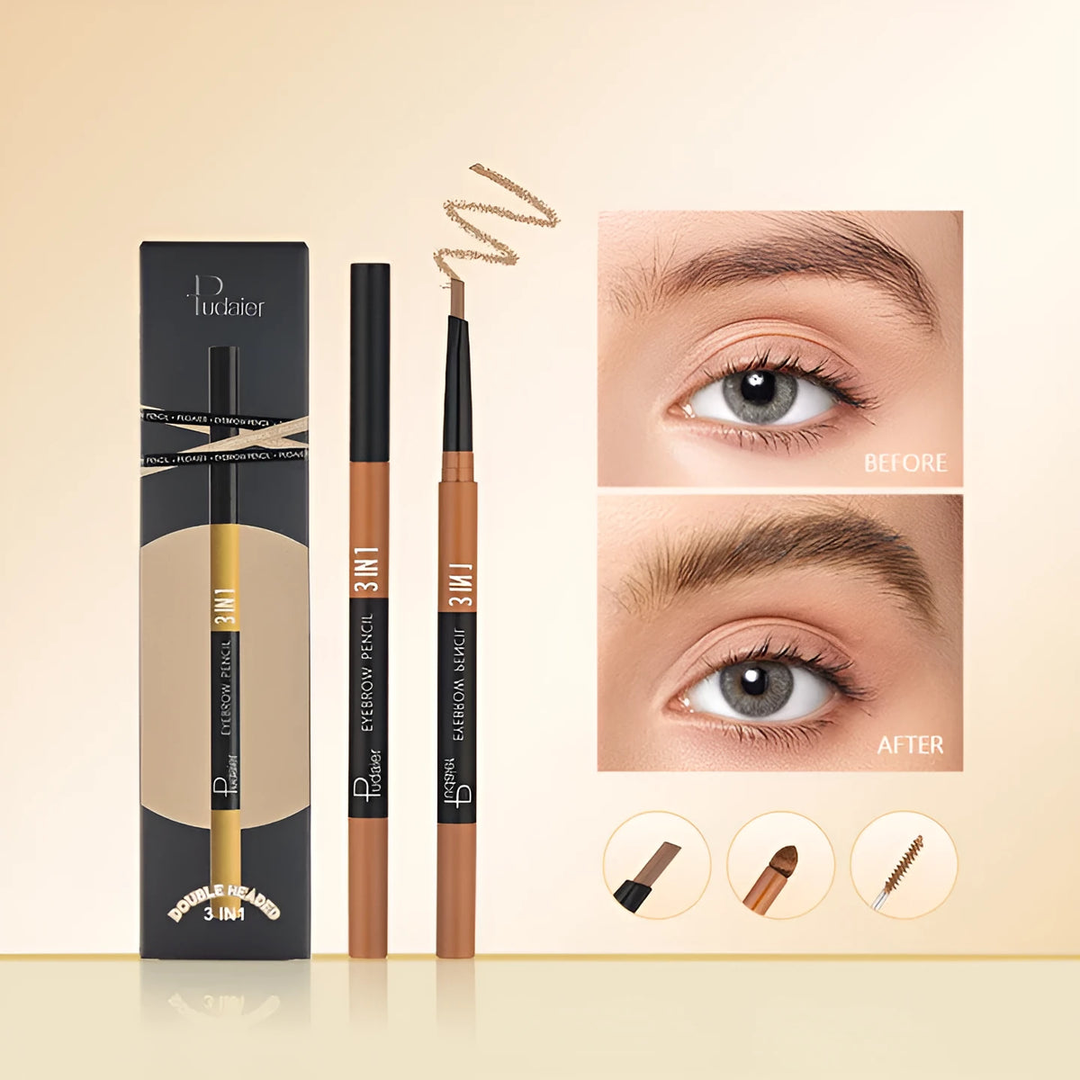 A double-headed waterproof eyebrow pencil with pencil and powder, shown in one of six colour styles.