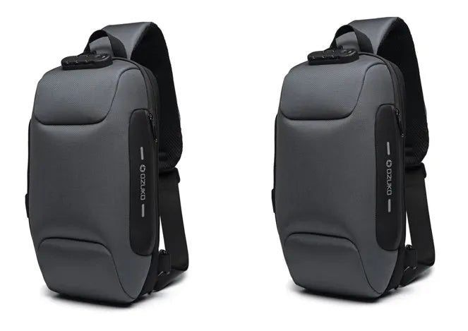 Anti-theft USB chest bag in Oxford cloth with zip closure, square vertical section, and polyester lining, shown in dark blue.