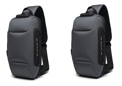 Anti-theft USB chest bag in Oxford cloth with zip closure, square vertical section, and polyester lining, shown in dark blue.