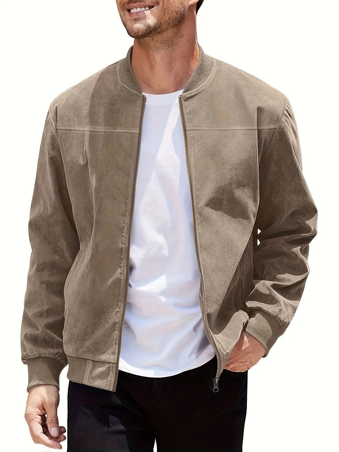Men's plus size suede jacket in army green with regular fit and cotton lining, sizes S to XXXL.