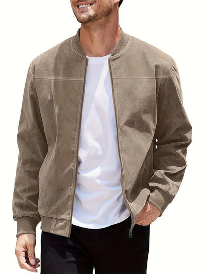 Men's plus size suede jacket in army green with regular fit and cotton lining, sizes S to XXXL.