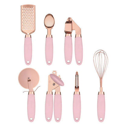 7-piece stainless steel kitchen tool set with copper finish on a countertop storage rack.
