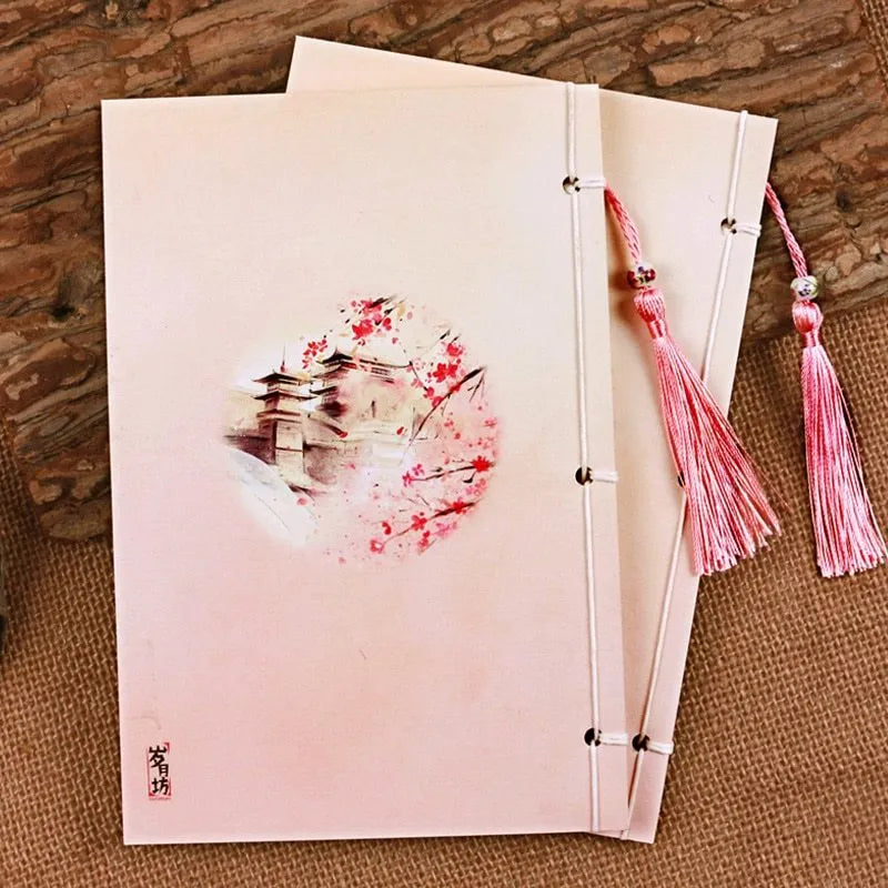 Watercolour retro Chinese line-bound notebook with ancient thread binding in Azalea colour