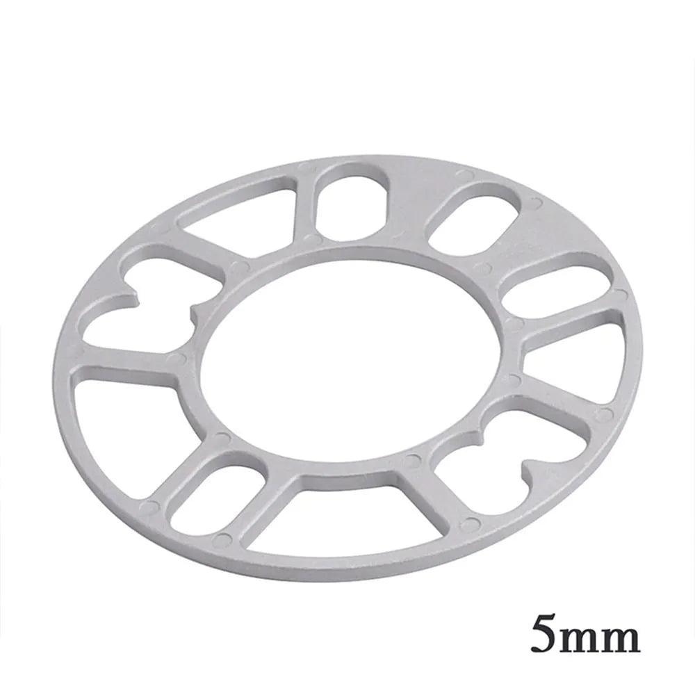A metal hub widening gasket or spacer for car wheels, shown with thickness options of 3mm, 5mm, 8mm, and 10mm.