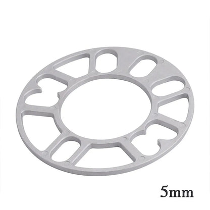 A metal hub widening gasket or spacer for car wheels, shown with thickness options of 3mm, 5mm, 8mm, and 10mm.