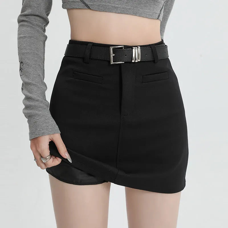 High waist A-line short skirt with front zipper in grey or black, polyester micro-elastic fabric, sizes XS to 3XL.