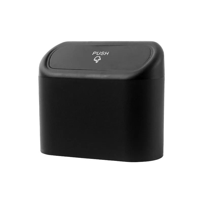 Black folding car trash can with handle mounted on vehicle seat