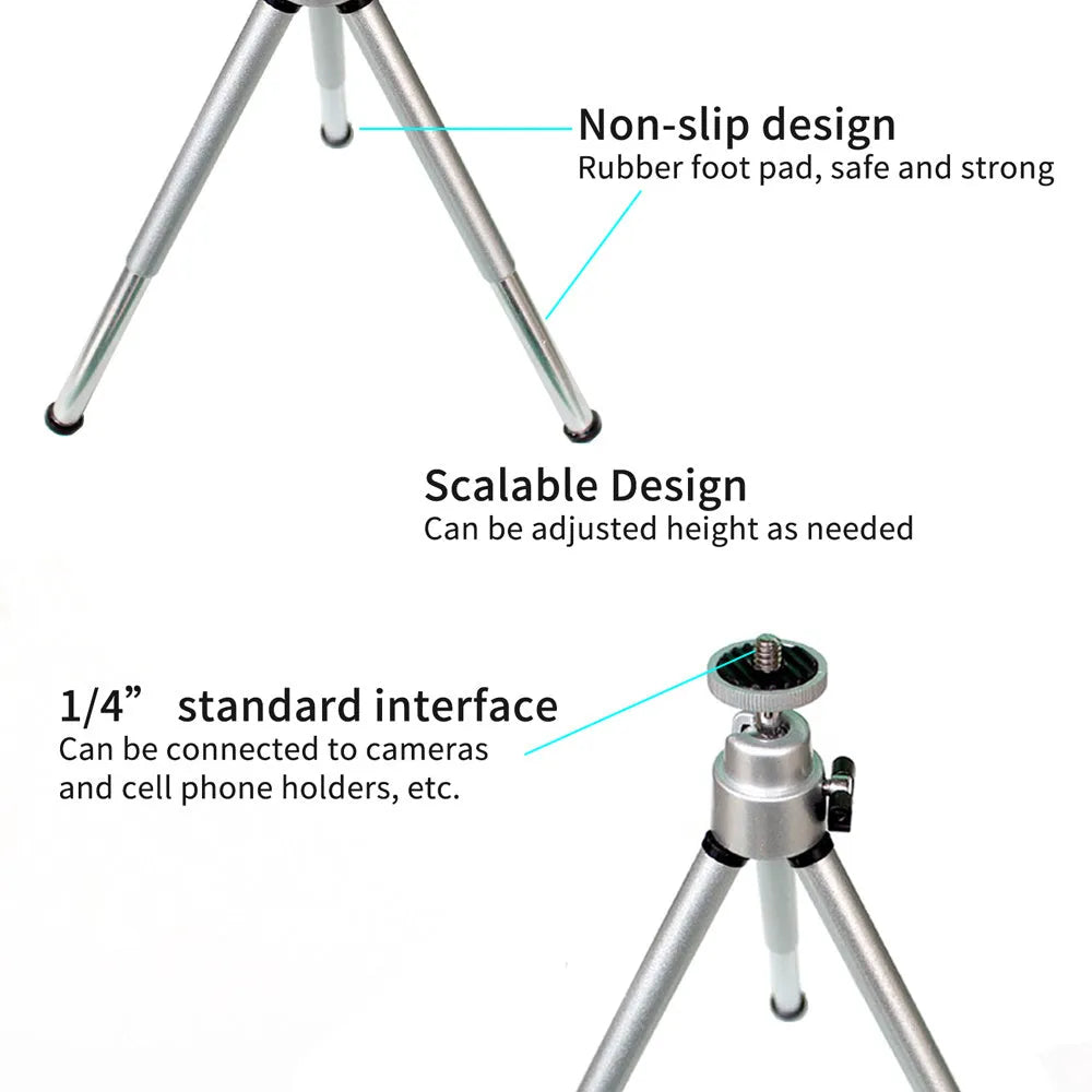 Black mini camera tripod with extended legs and a separate U-shaped universal phone clip on a table.