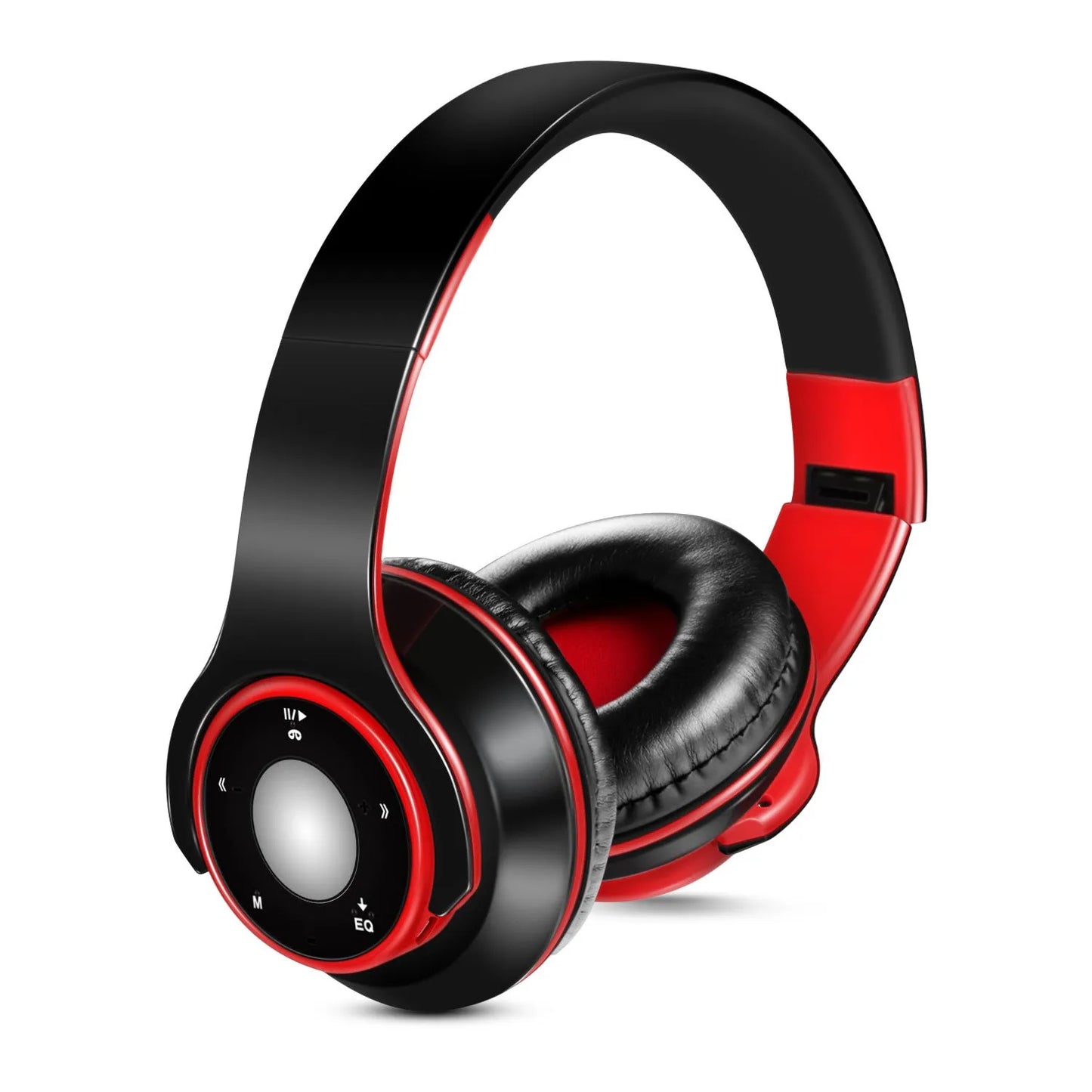 Foldable wireless Bluetooth headphones in blue showing adjustable hinges and 3.5mm cable connection