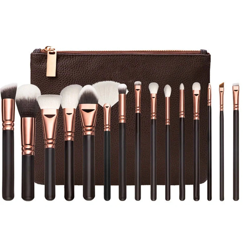 15-piece rose gold makeup brush set with wooden handles and storage bag