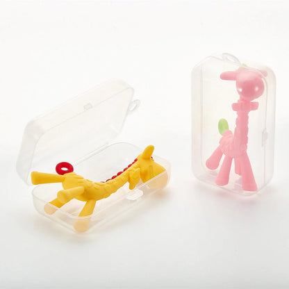 Adorable giraffe-shaped baby teether toy with multiple chewable parts for soothing sore gums