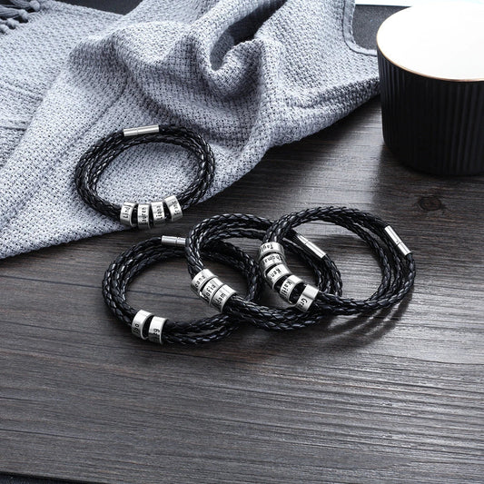 A personalized leather bracelet with engraved beads, a thoughtful gift for men