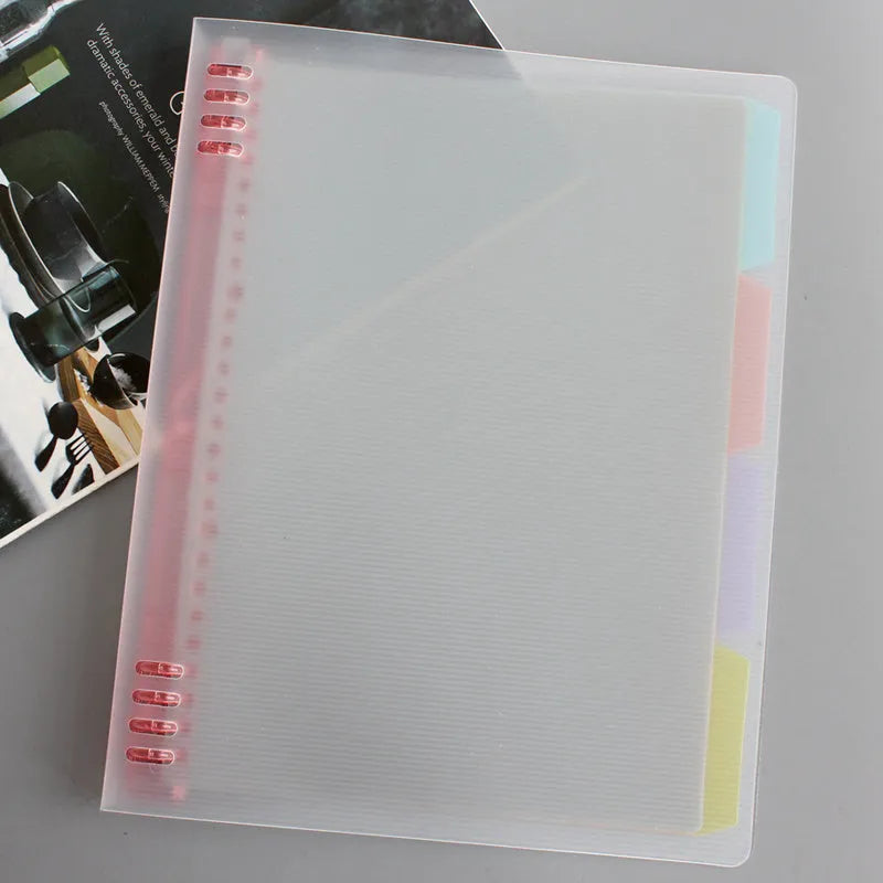 B5 size loose-leaf notebook refill with PP plastic shell in assorted colours: blue, green, pink, yellow, transparent.