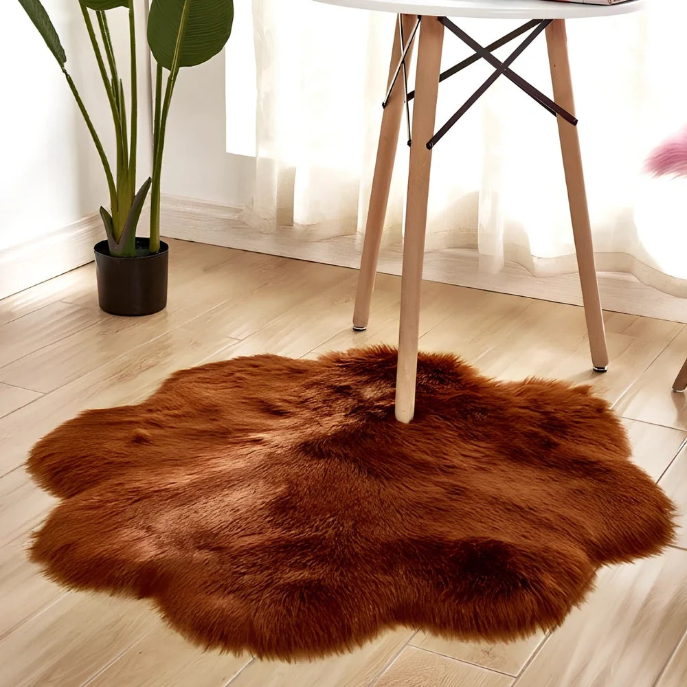 Artificial woolen carpet rug with floral sheepskin pattern in plush fabric, available in multiple sizes and colours
