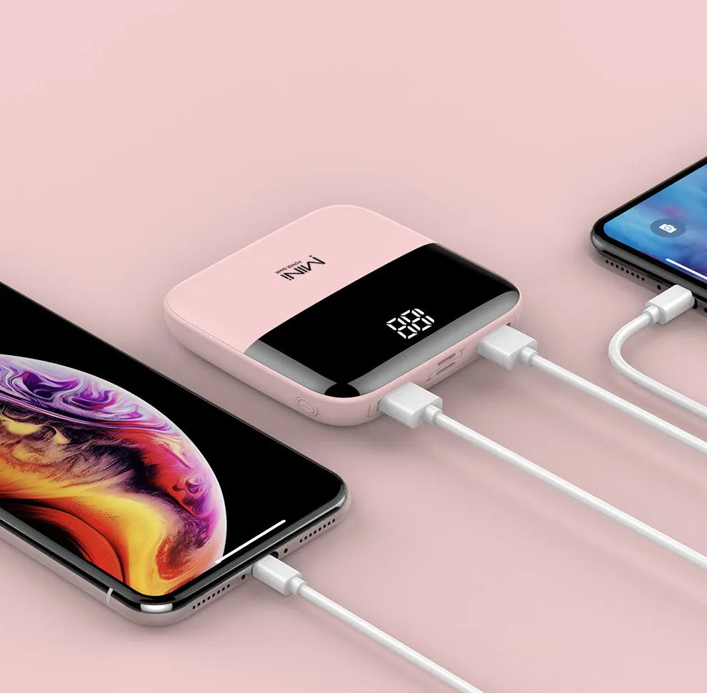 10000mAh portable power bank with digital display in black, pink, red, or white colours