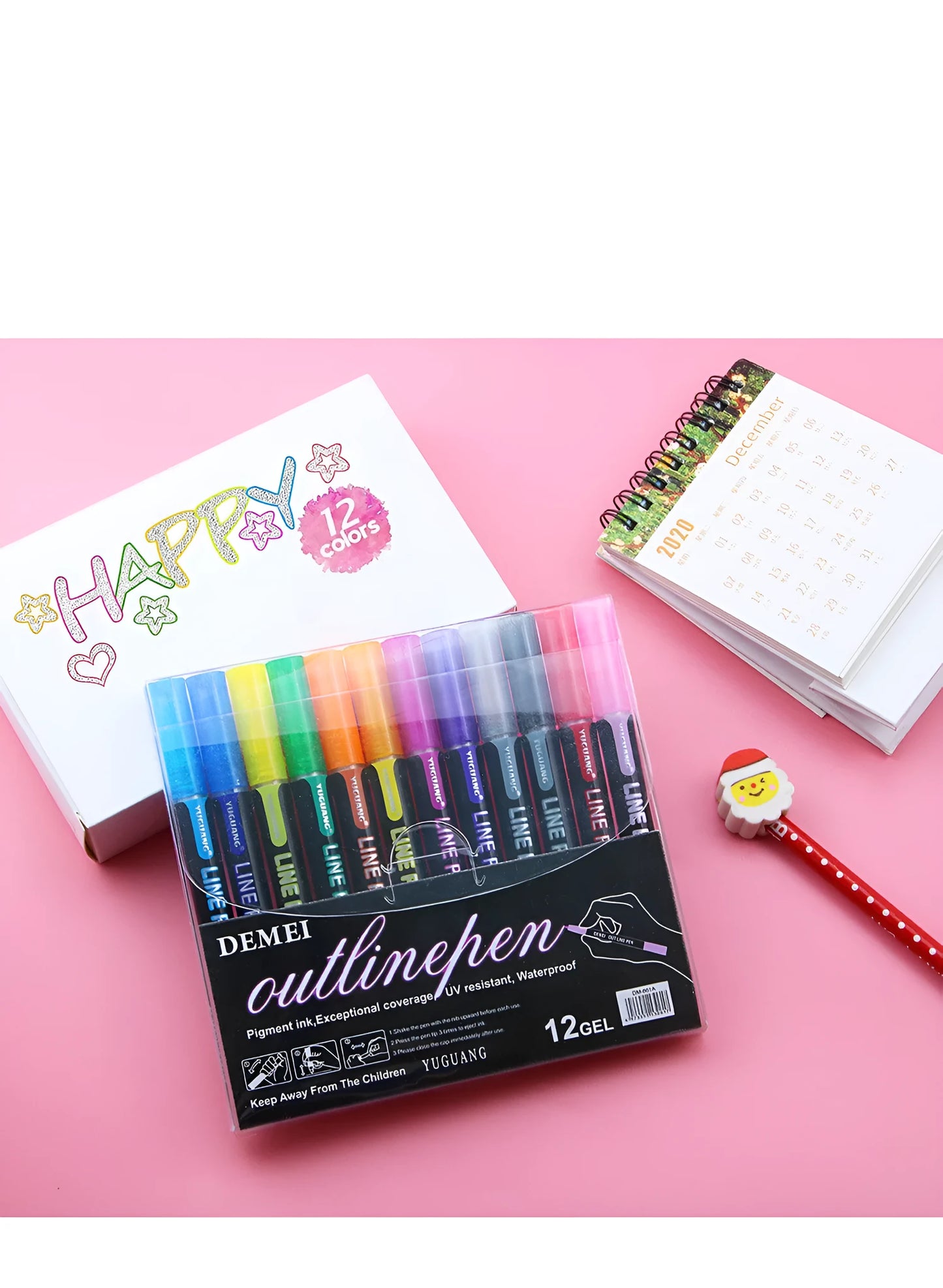 Set of 12 double line metal body pens in various colours for card making and marking