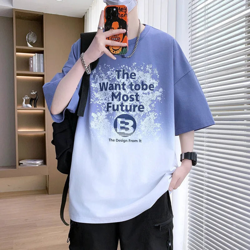 Boys cotton-polyester blend t-shirt with jacquard printed pattern, short sleeves and drop-shoulder design, available in multiple colours including dark blue, pink, purple, light blue, sizes M to 3XL, suitable for teenagers and summer wear