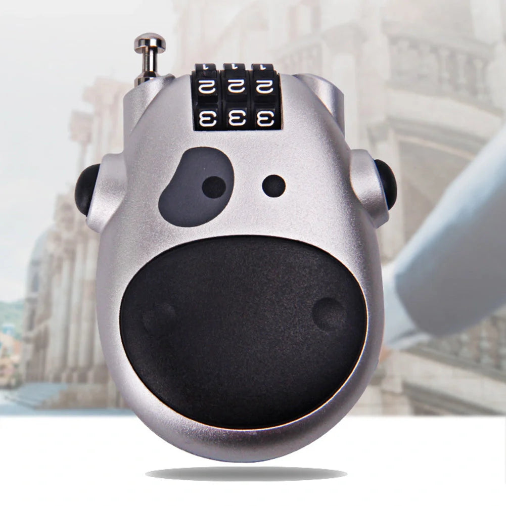 Cow telescopic wire rope lock in black and grey, zinc alloy construction, compact security solution