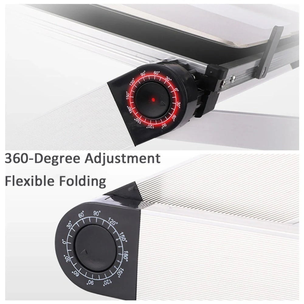 Adjustable foldable laptop stand in black and white, supporting ergonomic posture for laptops and tablets