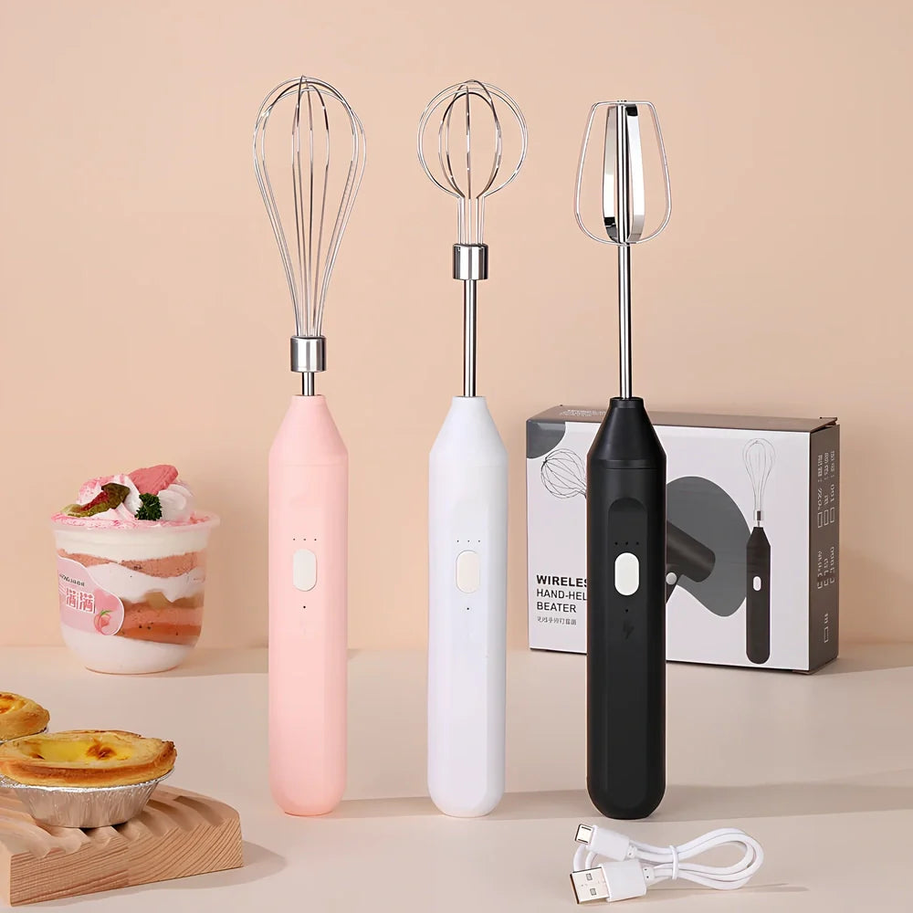 Black handheld electric egg beater with stainless steel beaters and 3-speed control buttons
