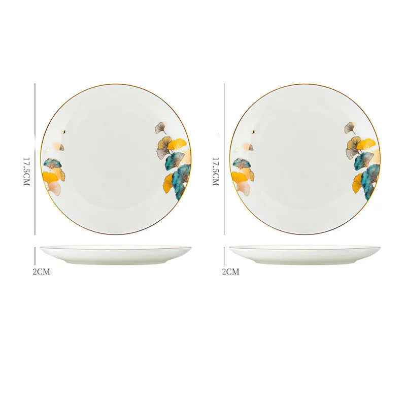Round porcelain dinner plate with Nordic plant and flower design, flat disk shape, glaze colour finish