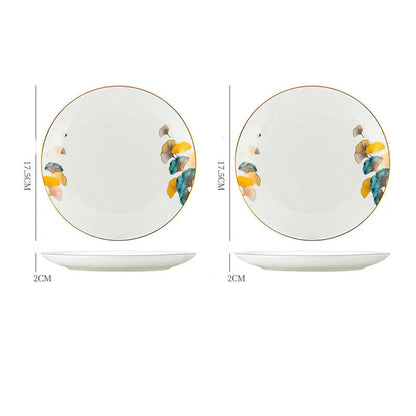 Round porcelain dinner plate with Nordic plant and flower design, flat disk shape, glaze colour finish