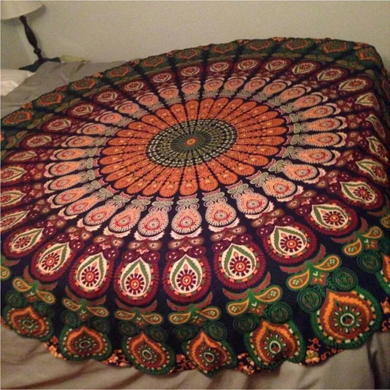 Printed round beach towels and yoga mat set for outdoor relaxation and exercise