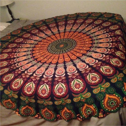 Printed round beach towels and yoga mat set for outdoor relaxation and exercise