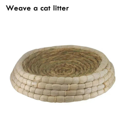 Straw woven bowl-shaped cat bed and scratching board made from straw and corn husk, hand-woven pet nest in five sizes.