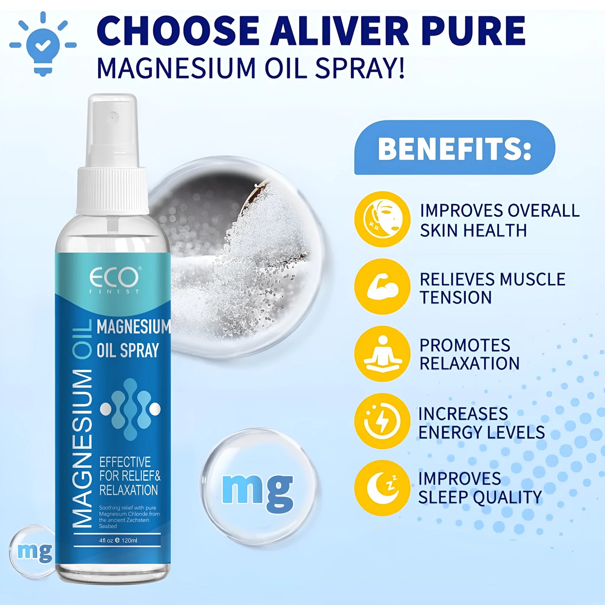 120ml magnesium oil spray bottle labelled as a pure dew toner for body and skin.