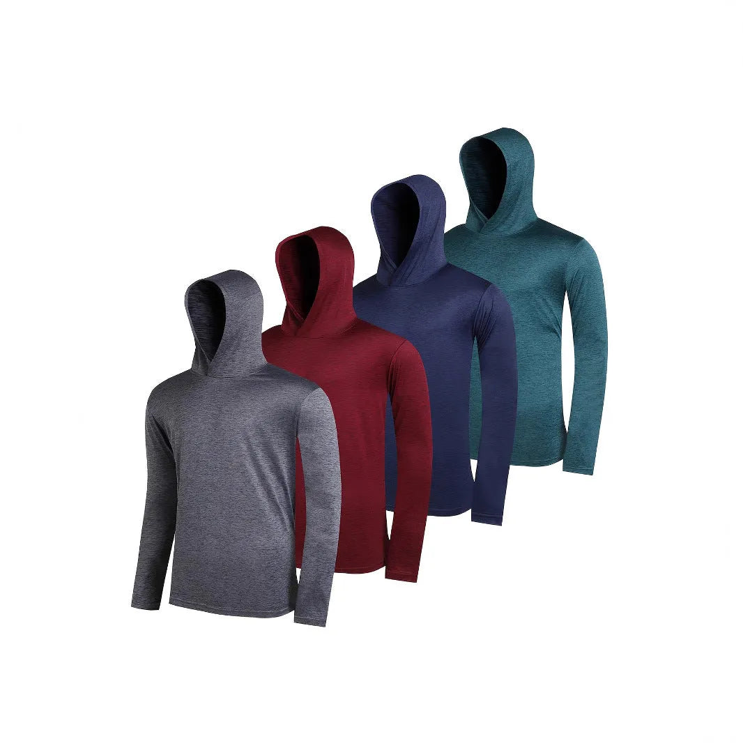 Four coordinated men's hoodies in lightweight elastic polyester fabric showing hooded and non-hooded style options