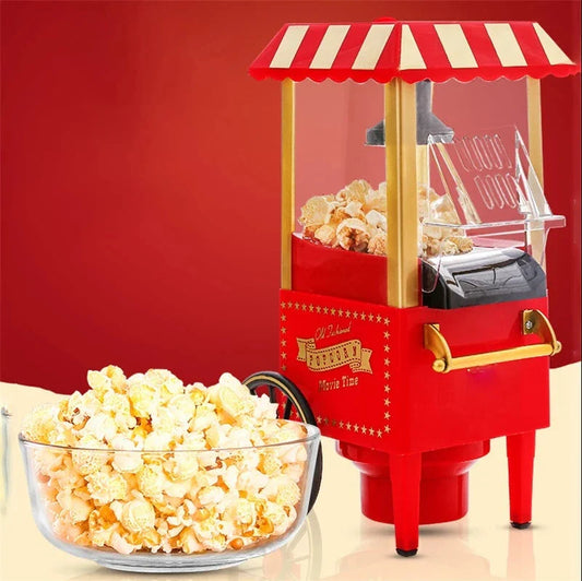 Vintage-inspired classic car-style popcorn maker with sleek black and red design, featuring a glass popping bowl and intuitive controls
