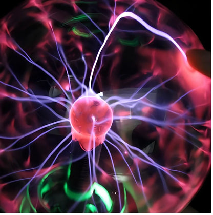 Plasma lightning ball with electrostatic induction showing colourful electrical discharges on glass surface