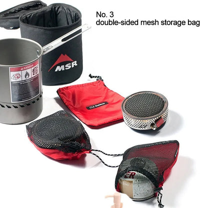 Red five-piece outdoor travel storage bag set with zipper closures and mesh sections