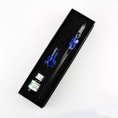 Crystal Flower Glass Dip Pen Set with floral patterns and borosilicate glass construction