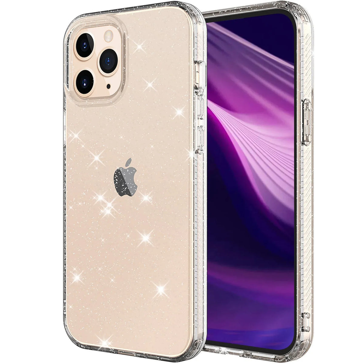 Transparent glitter TPU phone case for IPhone 12 series in pink, black, purple and clear colour options