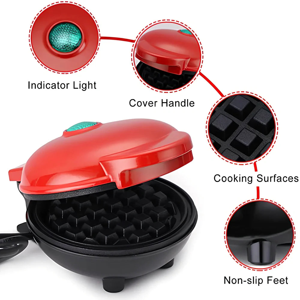 Red electric waffle maker measuring 10cm x 15cm x 20cm with EU plug and non-stick cooking surfaces