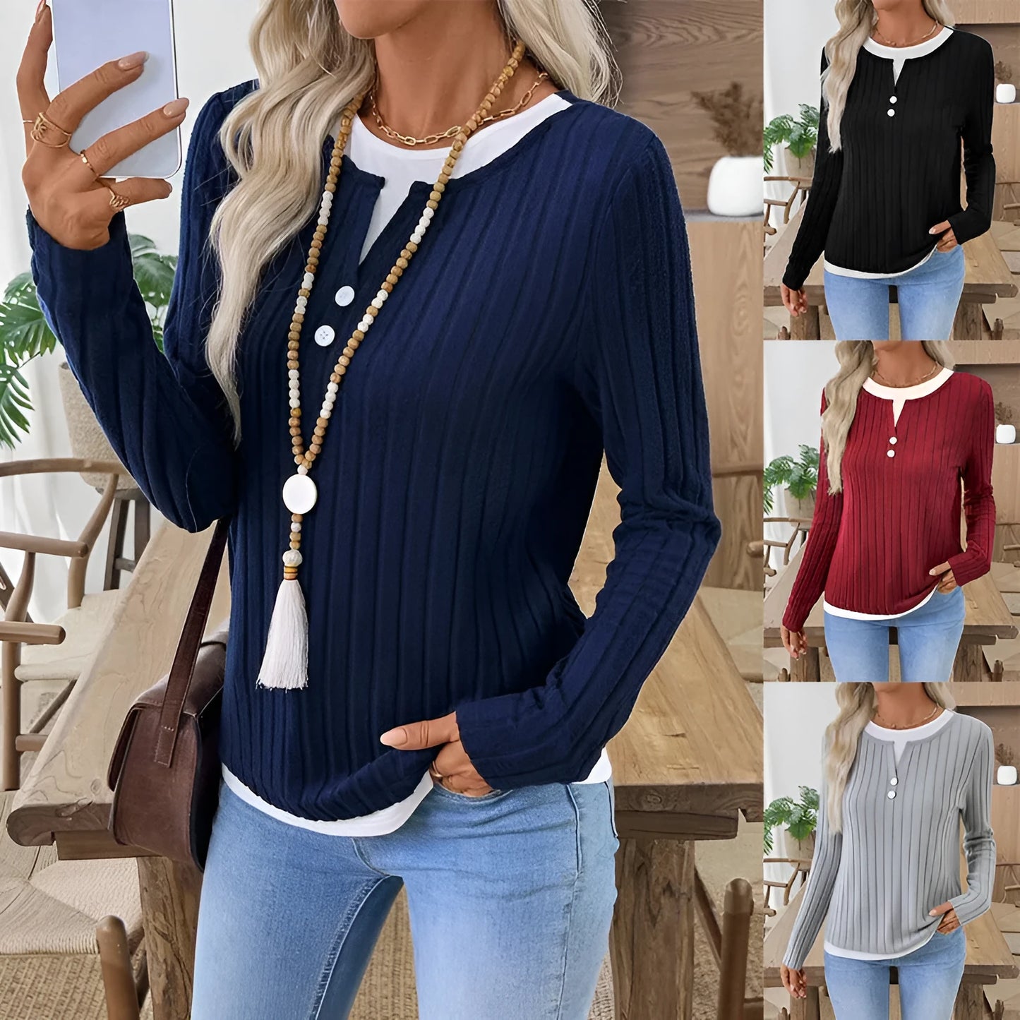 Women's black fake two-piece pullover sweater with concave stripe texture and round neck.