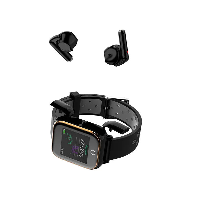 Smart watch with integrated Bluetooth earbuds featuring heart rate and blood pressure monitoring, 1.4 inch TFT touch screen, BT 5.0 audio, and a 220 mAh battery for up to 7 days standby