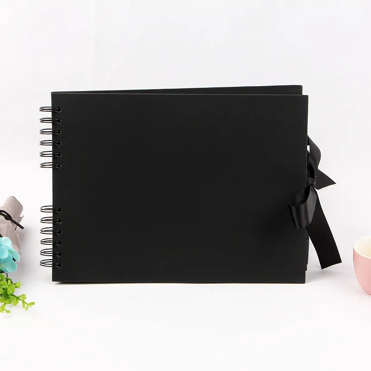 DIY handmade photo album with coil binding, shown with yellow kraft paper and black cardboard cover options