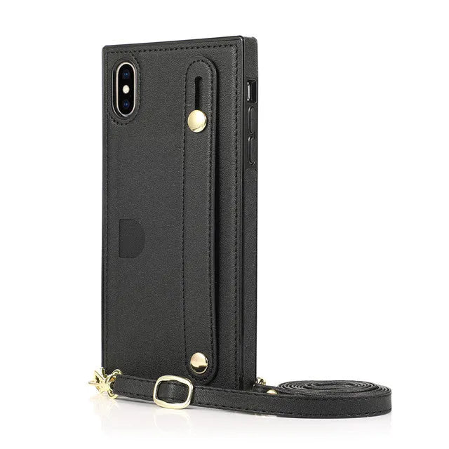 Leather phone case with card holder and wristband holster in black, fits iPhone models, anti-scratch protection